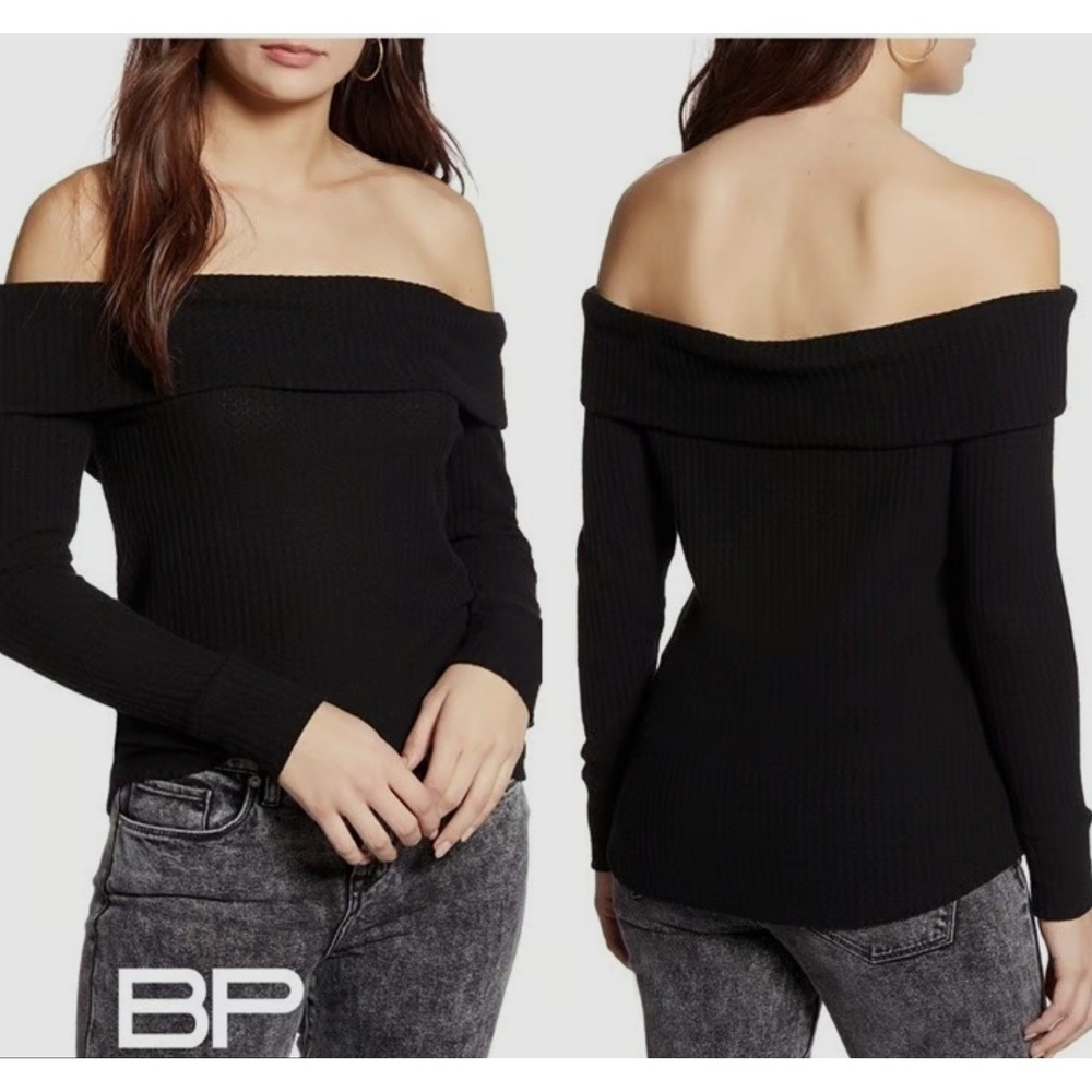 NWT‎ BP Black Off The Shoulder Ribbed Knit Long Sleeve Top Women's Y2K Size L